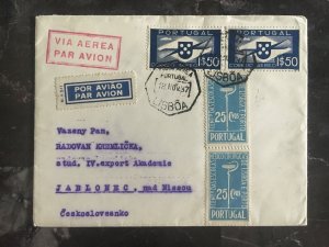 1937 Lisbon Portugal cover to Jablonec Czechoslovakia Philatelic label on Back