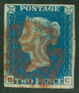 SG 5 1840 2d blue plate 2 lettered CC. Very fine used with a red Maltese cross..