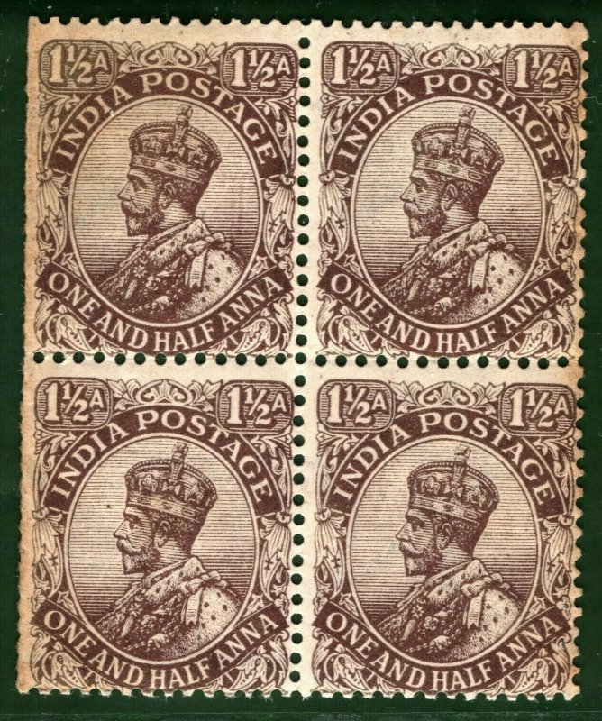 INDIA KGV Stamps SG.163 1½a Chocolate (1919) BLOCK OF FOUR Mint UMM MNH* OBLUE24