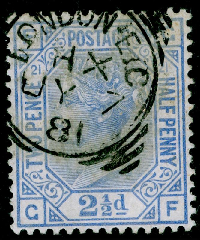 SG157, 2½d blue PLATE 21, FINE USED, CDS. Cat £40. GF