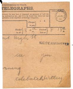 GB TELEGRAPH Worcs*Kidderminster* Super Strike STRAIGHT LINE HANDSTAMP 1912 N159 