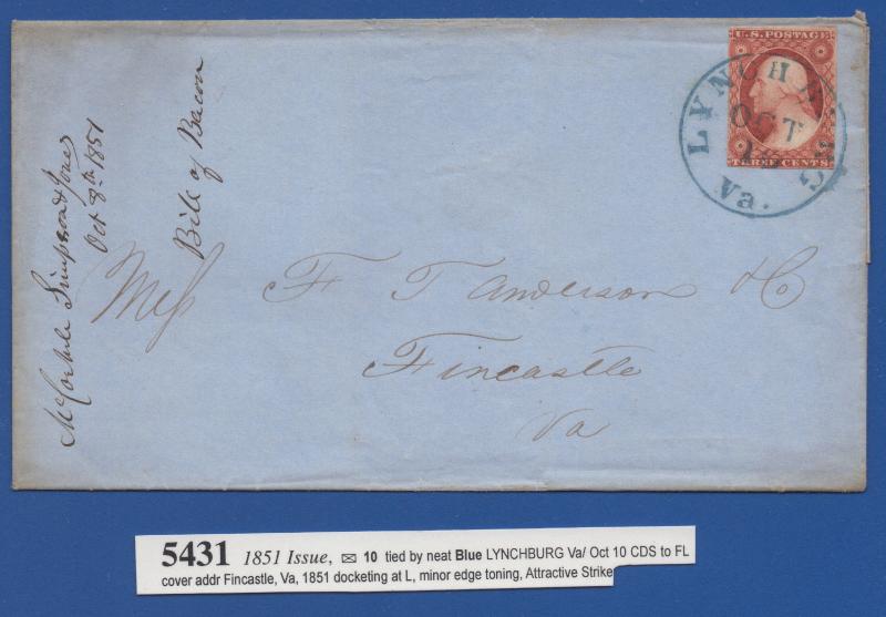 *US 19th Century Cover Scott #10 Tied By Blue CDS, 1851 Issue, Minor Edge Toinng