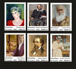 Stamps. Churchill, Darwin, Newton, Diana, Dickens, Shakespeare 6 stamps 2022 yea