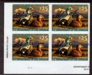 RW92 - Federal Duck Stamp. Plate Numbered Block Of 4.  A/S    #02 RW92PB4BLas