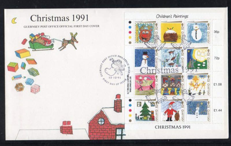 Guernsey Sc 464 1991  Christmas Children's Paintings stamp sheet on FDC