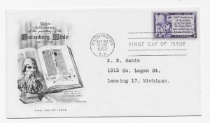 US 1014 (Me-4) 3c Gutenberg Bible single on FDC Artmaster Cachet ECV $6.00