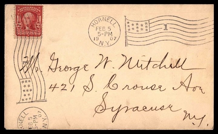 US Sc 301 (1907) Postal History Cover Hornell NY FANCY Flag #1 Cancellation F-VF