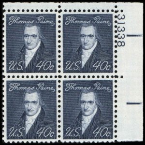 US #1292a PAINE MNH UR PLATE BLOCK #31338 SHINY GUM