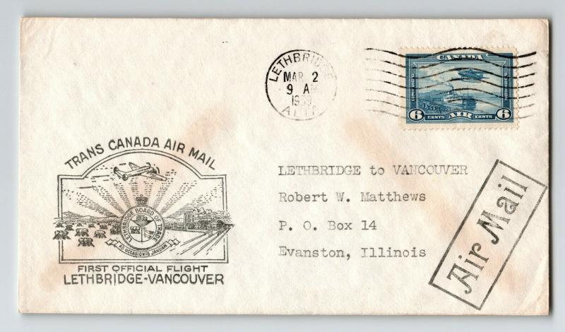 Canada 1939 First Flight Cover Lethbridge to Vancouver (Can-301ai} - Z12833