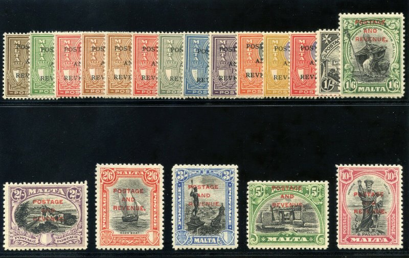 Malta 1928 KGV set complete MLH. SG 174-192. Sc 148-166.