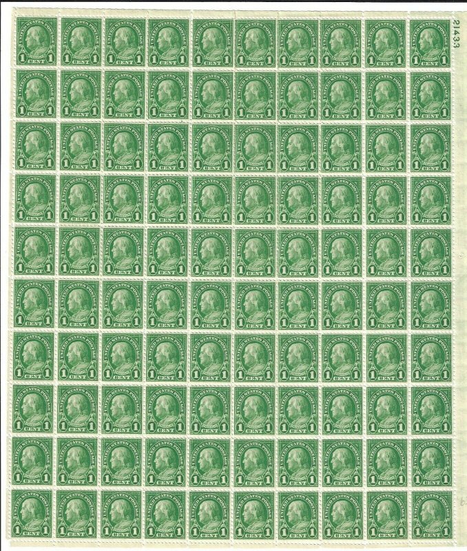 US 632, Plate 21433, MNH Sheet of 100 - 1c Franklin.  BCV $65.00 