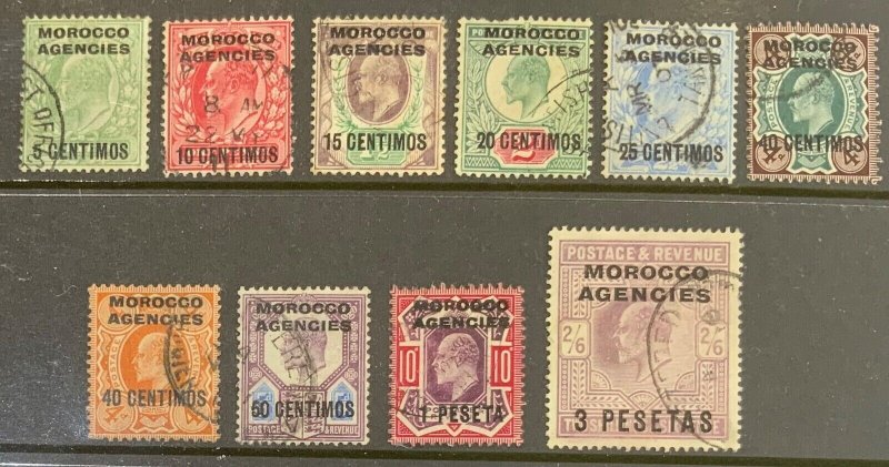 MOROCCO AGENCIES (SPANISH). SG112/121. 1907 SET TO 3 PESETAS FINE USED..CAT £95