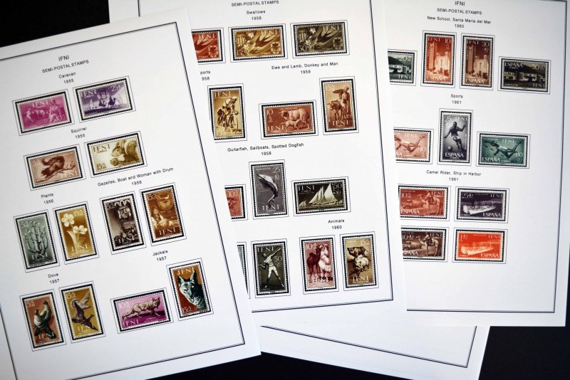 COLOR PRINTED IFNI 1941-1968 STAMP ALBUM PAGES (21 illustrated pages)