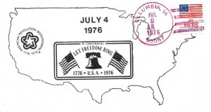 USA BICENTENNIAL TOUR SCARCE PRIVATE CACHET CANCEL AT COLUMBIA, IA JULY 2 1976