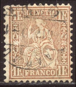 SWITZERLAND #50a Used - 1864 1fr Yellow Bronze