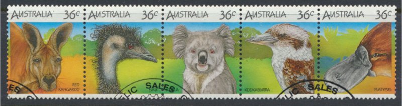 Australia SG 1023a Used Wildlife strip of 5  SC# 992 w/ fdc see scan