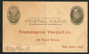 Unused US Postal Card McKinley 1c Fountaingrove Vineyard Co New York City