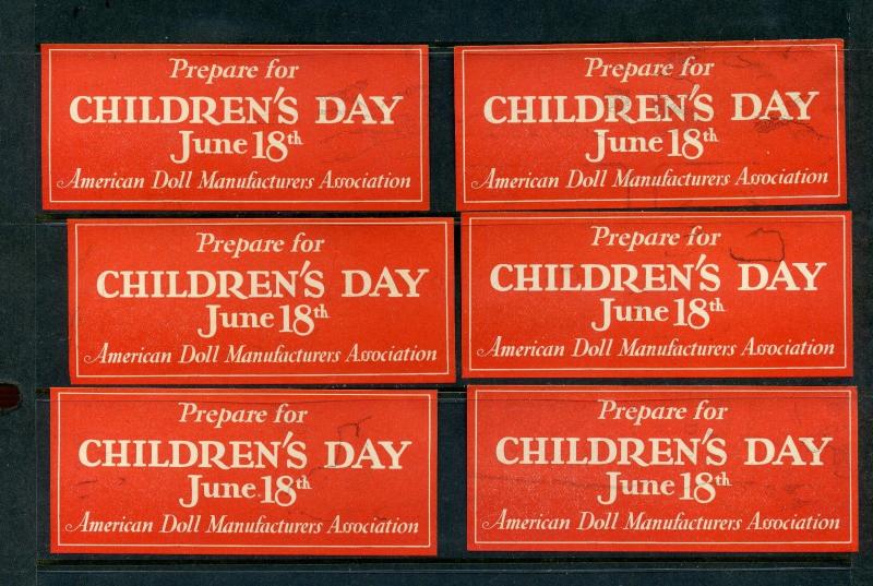 6 VINTAGE PREPARE FOR CHILDREN'S DAY POSTER STAMPS AMERICAN DOLL MANUFACTURERS 