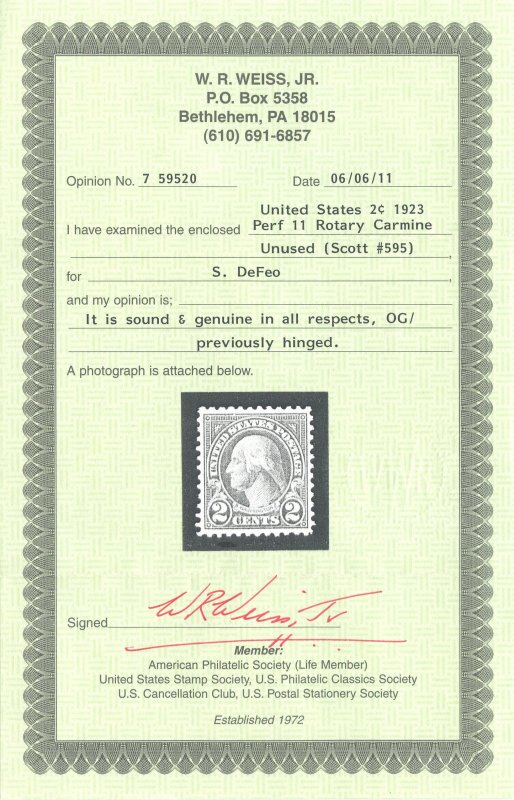 US Scott #595 Mint, VF/XF, Hinged, Weiss