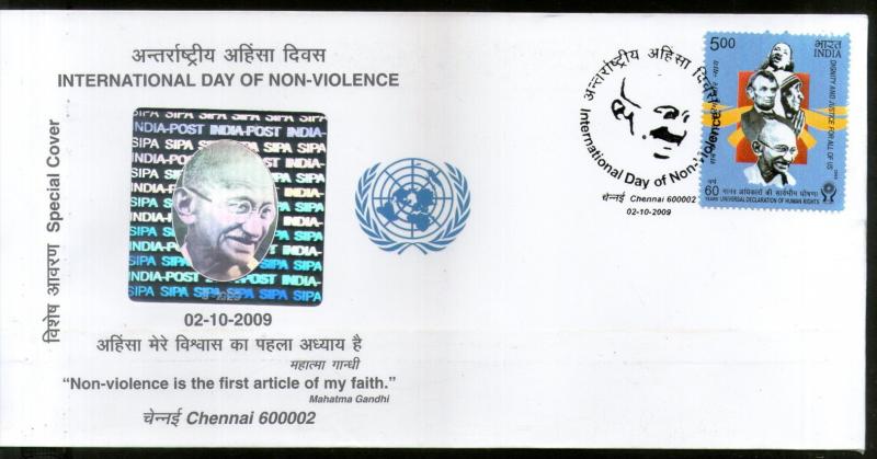 India 2009 Mahatma Gandhi Int'al Day of Non-Violence HOLOGRAM Special Cover #...