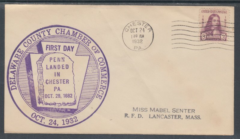 US Planty 724-7 FDC. 1932 3c William Penn, FIRST CACHET Wm. L. Gibson