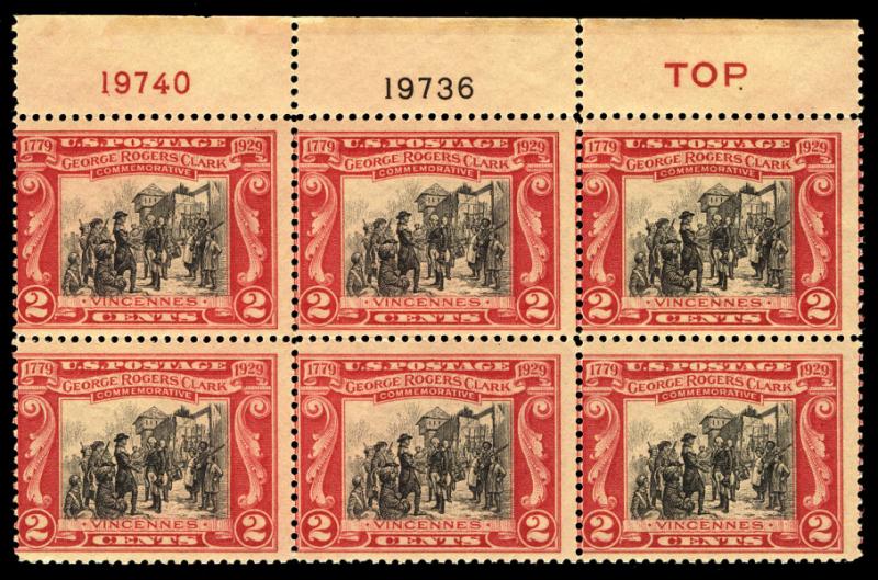 US #651 Plate Block, VF mint never hinged, LARGE TOP, 2c Clark, a super nice ...