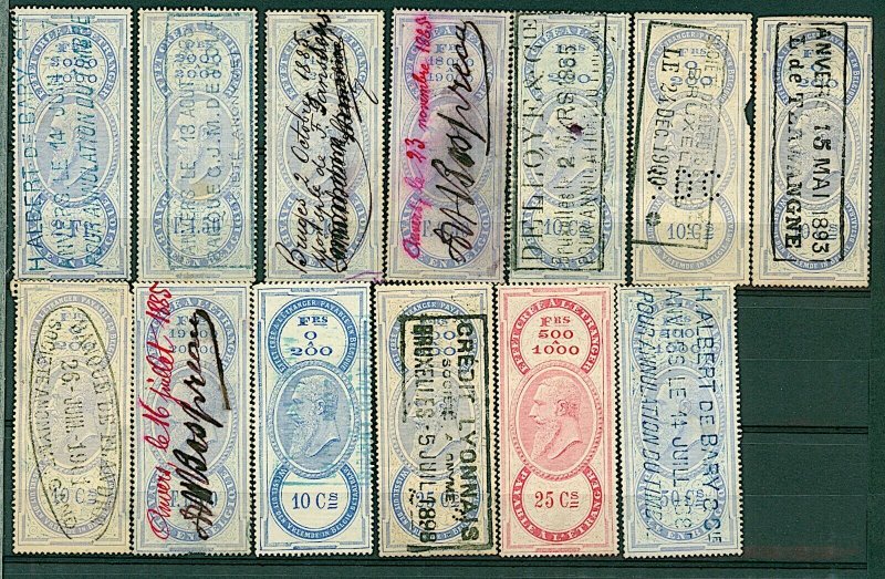 Belgium 1885 /1900 range of 13 revenue issues as illustrted diff rates FU Stamps