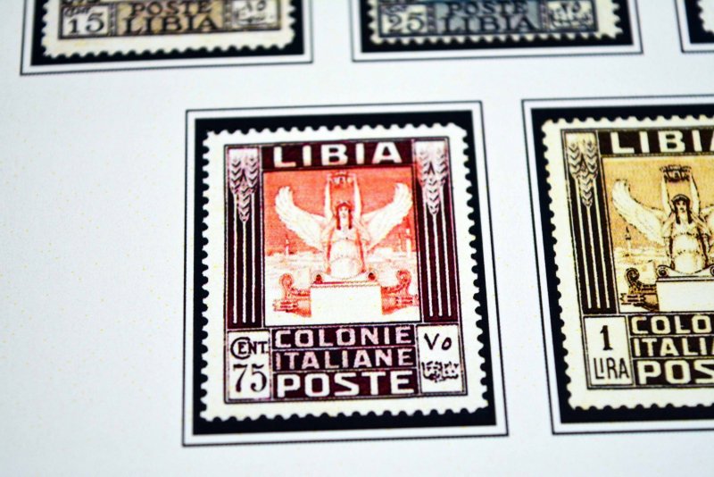 COLOR PRINTED ITALIAN LIBYA 1912-1942 STAMP ALBUM PAGES (24 illustrated pages)