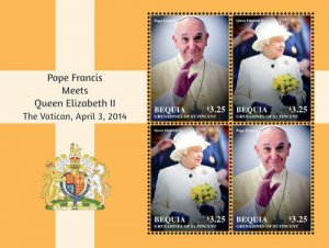 BEQUIA 2014 - POPE FRANCIS MEETS QUEEN ELIZABETH II SHEET OF 4 STAMPS (#2) MNH