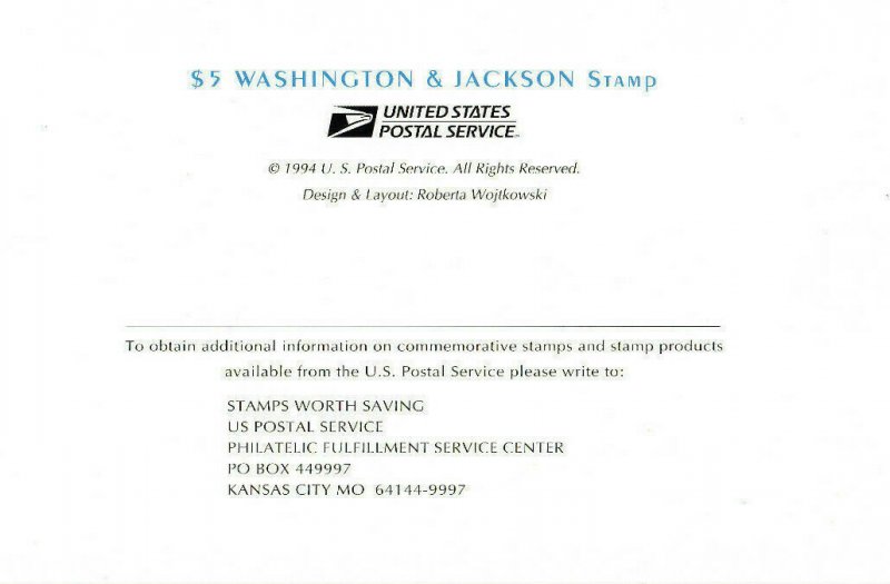 Signed USPS First Day Ceremony Program #2592 $5 Washington Jackson FDOI APS 1994 