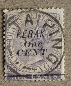 Perak 1891 1c on 6c with TAIPING cds. Scott 29, CV $42.50. SG 43