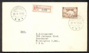 GREENLAND 1953 1kr Polar Bear tied Sukkertoppen on reg cover to U.S., Facit $120