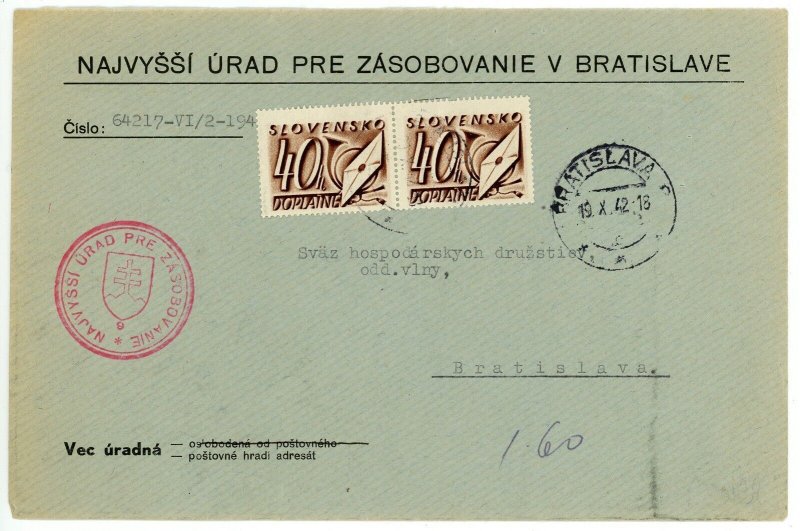 Slovakia Bratislava Franked Cover #J26 Postage Due 1942 German Occupation WWII