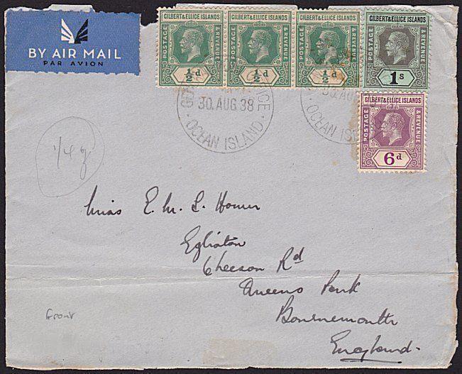 GILBERT & ELLICE IS 1938 airmail front with GV vals to 1/- ex Ocean Is.....68829