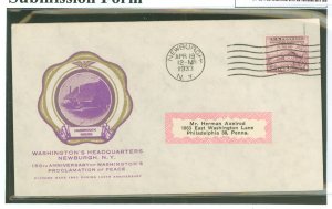 US 727 1933 3c Washington's Proclamation of Peace; 150th anniversary (single) on an addressed (label) first day cover wi...