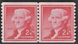 US 1055b MNH VF 2 Cent Thomas Jefferson Coil Pair Small Holes Shiny Gum