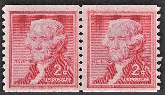 US 1055b MNH VF 2 Cent Thomas Jefferson Coil Pair Small Holes Shiny Gum