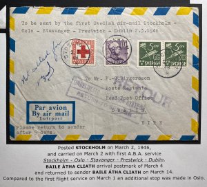 1946 Stockholm Sweden First Flight Airmail Cover To Dublin Ireland Returned