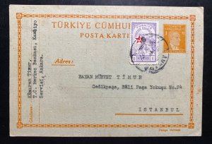 1941 Ankara Turkey Stationery Postcard Cover To Istanbul Tax Stamp Added