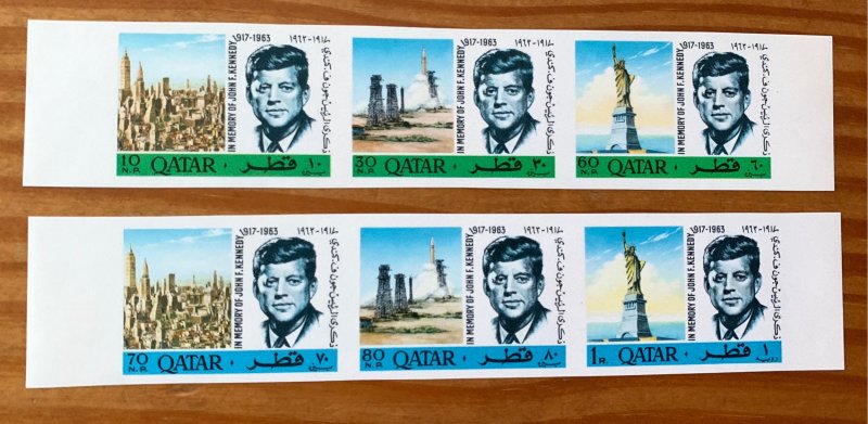 Qatar 1966 JFK Kennedy IMPERF strips. Scott 102-102A $17+. Michel 128-133B €20