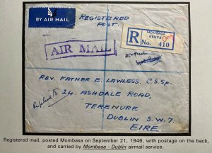 1946 Mombasa Kenya Airmail Registered Cover To Rev Lawless Dublin Ireland