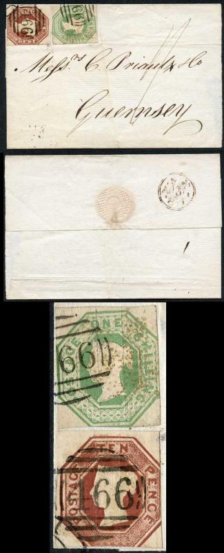 10d and 1/- Embossed on cover to Guernsey (the stamps dont belong)