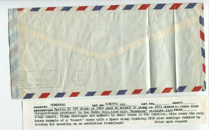 HONDURAS C455 VARIETY APOLLO XI **RARE** BISECT STAMP ON 1972 COVER (920 c)