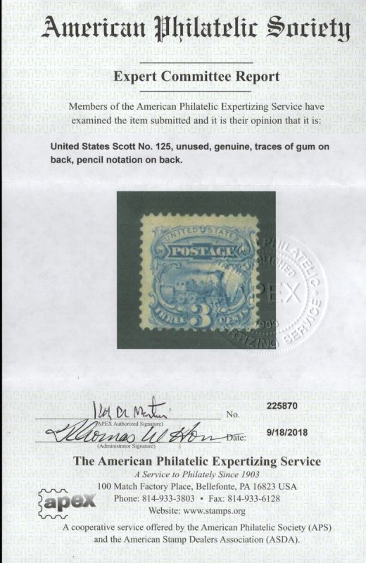 MALACK 125 Fine Part OG, w/APS (09/18) CERT, fresh d..MORE.. gg3711