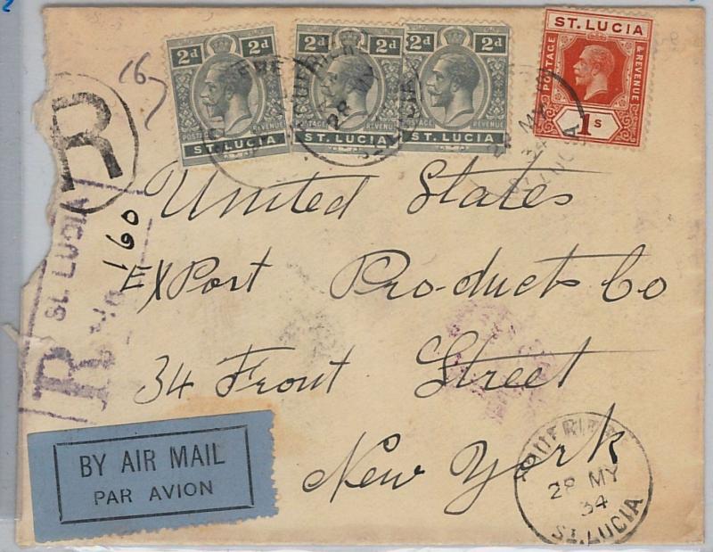 39771   ST LUCIA -  POSTAL HISTORY - REGISTERED AIRMAIL COVER to USA - 1934