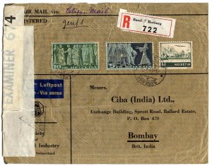 Switzerland 50c, 5fr, 10fr registered two ocean clipper airmail to India 1941