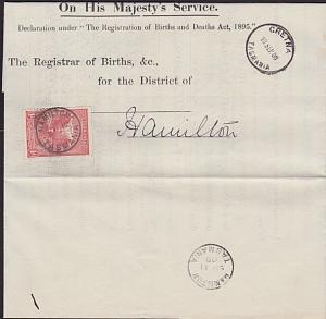 TASMANIA 1908 Birth notice GRETNA to Hamilton with T perfin 1d..............5695