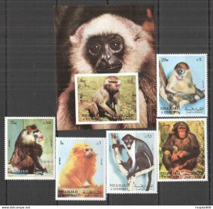 1972 Sharjah Fauna Animals Primates Monkeys Bl+Set ** Nw0365