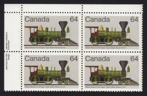 HISTORY = LOCOMOTIVES (1836-1860) = Canada 1983 #1002 UL PLATE Block of 4 MNH