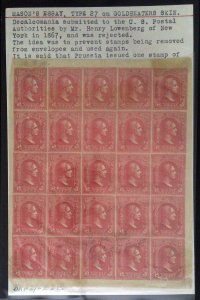 Scott # 79-E8a - 3c Red - Pane of 25 - Loewenberg Decalcomania Essay 1865